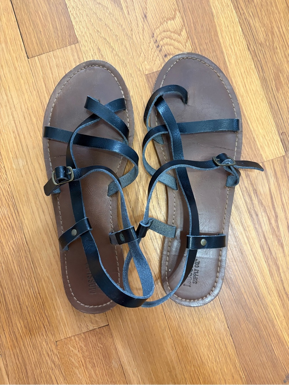 Mossimo Supply Co. Black Strappy Leather Sandals with Brown Footbed